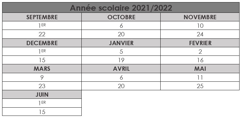 Date permanence cantine garderie tableau