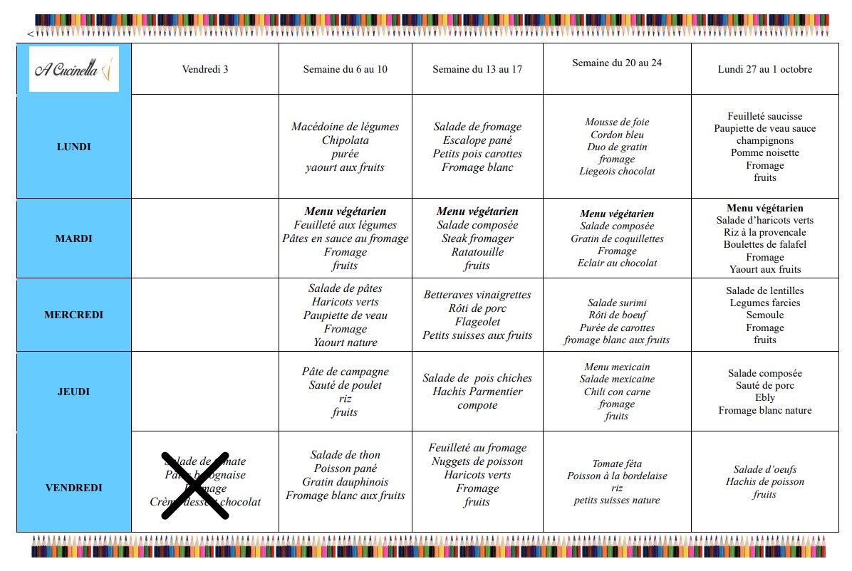 Menus A Cuccinella 6 sept au 1er octobre 2021